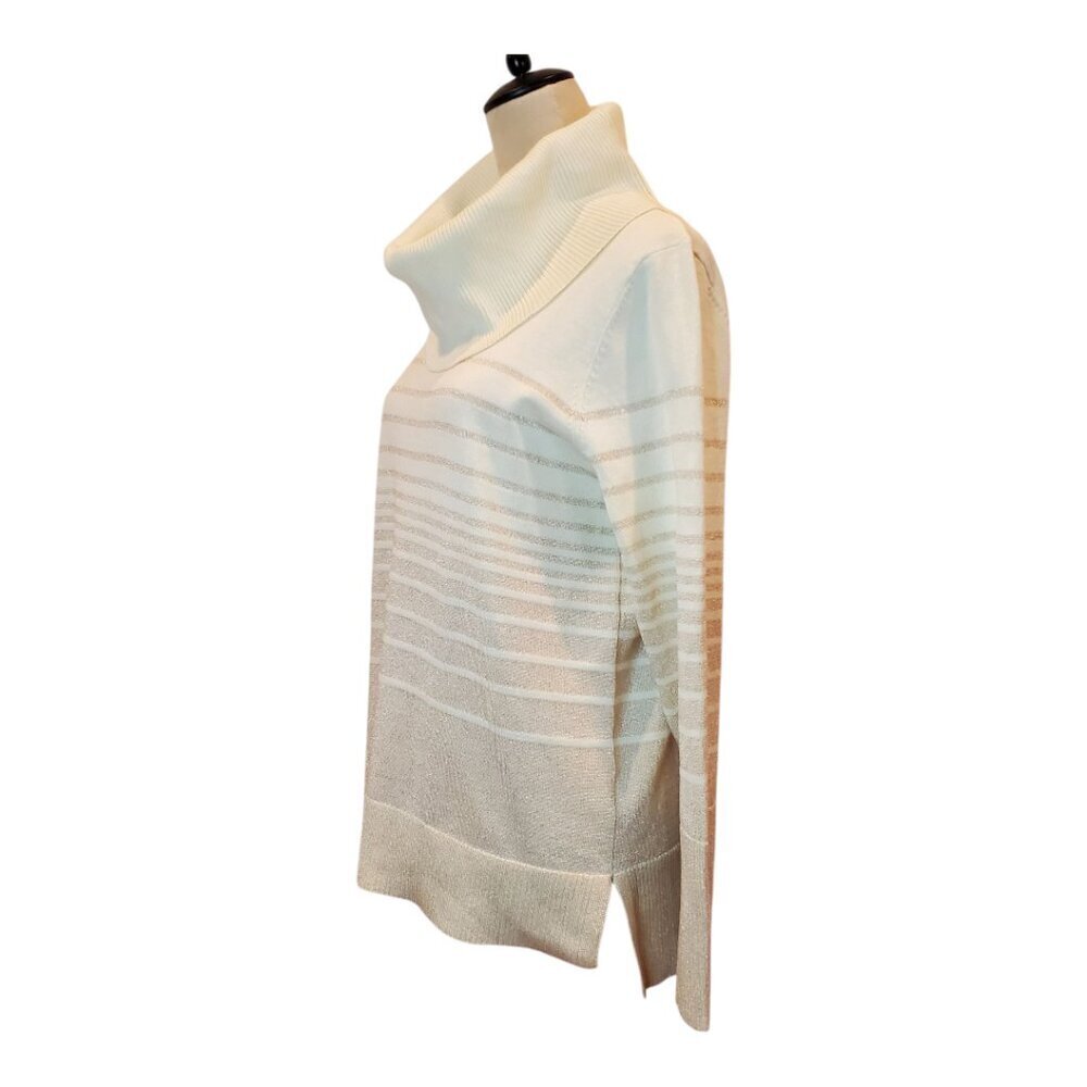 CABLE & GAUGE Cowl Neck Sweater Tan Gold Metallic Sparkle & Cream Striped - Picture 5 of 7